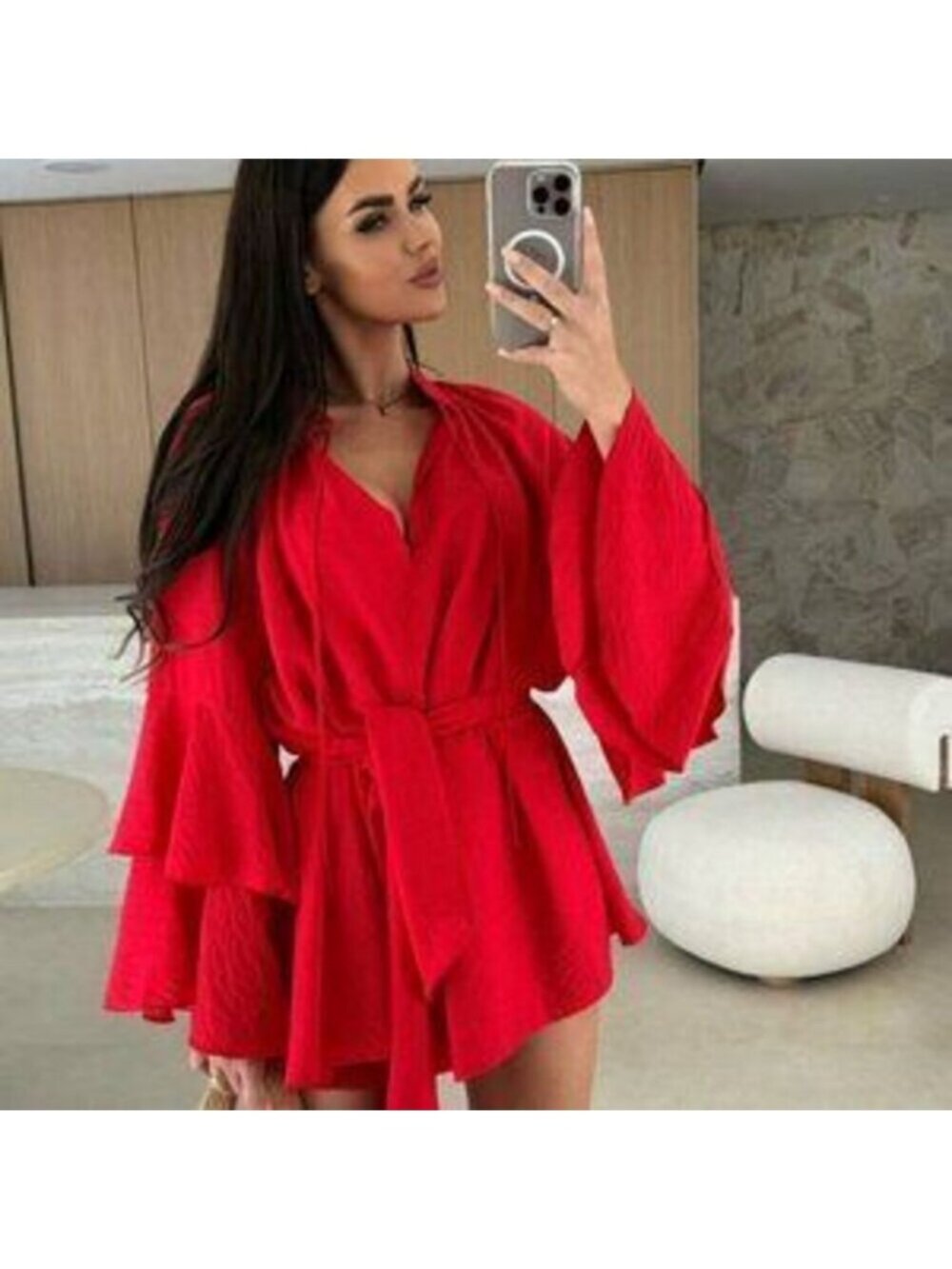 Red Glam Women's V-Neck Asymmetrical Tie-Up Long Sleeve Loose Mini Dress